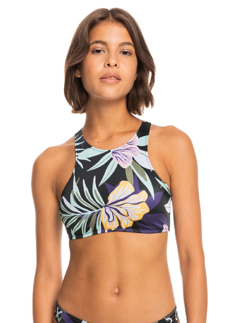 Roxy Active Crop Top Women\'s Bikini Tops black flower | SG_LW8552