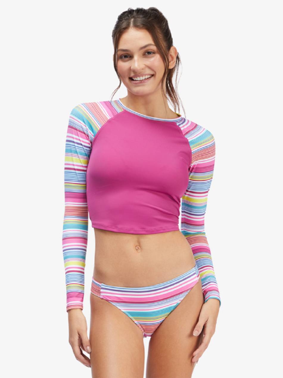 Roxy Active Cropped Women\'s Rashguards Pink Stripes | SG_LW2039