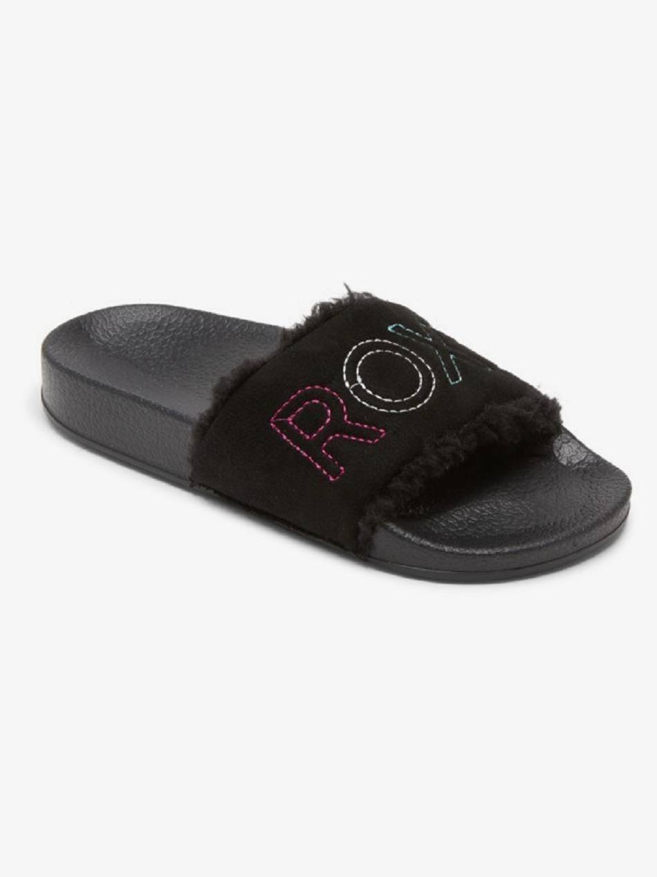 Roxy Slippy Fur Slider Kids\' Sandals Black | SG_LW5201