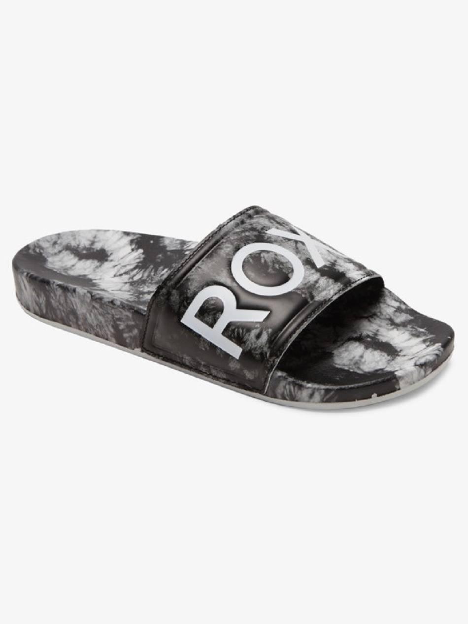 Roxy Slippy Printed Slide Women\'s Sandals Black / White | SG_LW9331