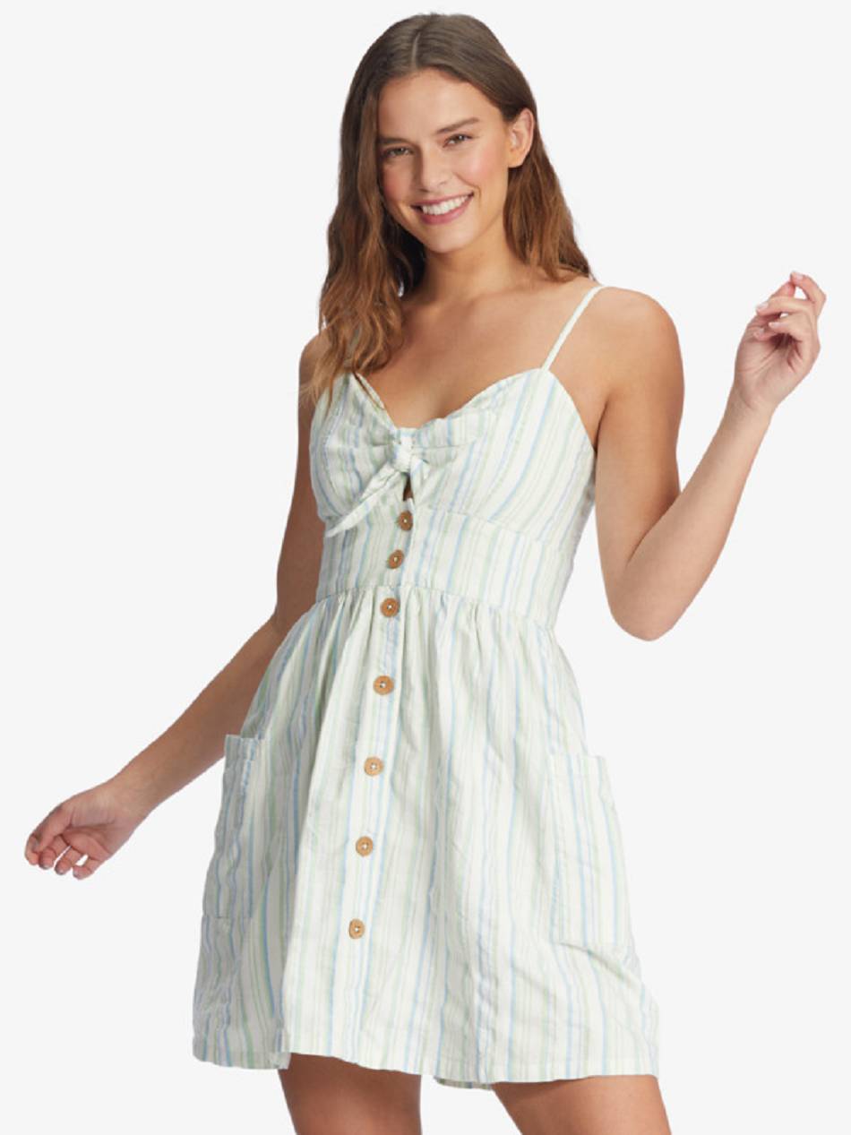 Roxy Under The Cali Sun Strappy Buttoned Women\'s Dress Green Stripes | SG_LW9501