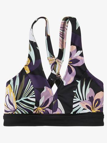 Roxy Active Halter Women's Bikini Tops black flower | SG_LW3261