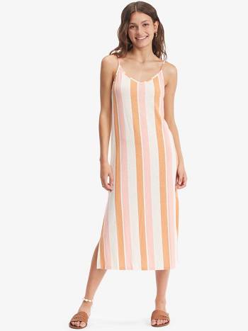 Roxy Promised Land Strappy Midi Women's Dress Yellow white Stripes | SG_LW5828